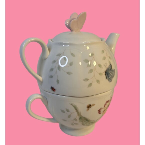 Lenox Butterfly Meadow Individual Stackable Porcelain Teapot & Lid With Teacup - Picture 2 of 12